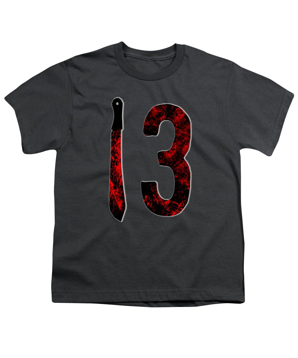 Youth charcoal T-shirt with red distressed number 3 and dagger graphic on front