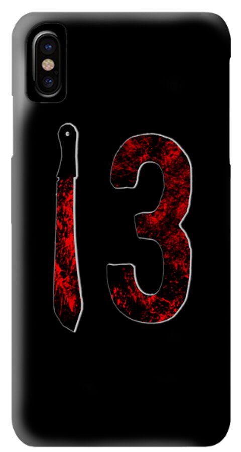 Dark gray phone case with red distressed number 3 and knife graphic; camera cutout on top left