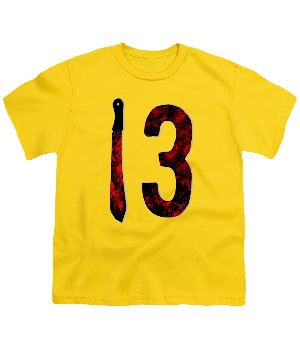Yellow youth horror T-shirt with large red and black “13” graphic.