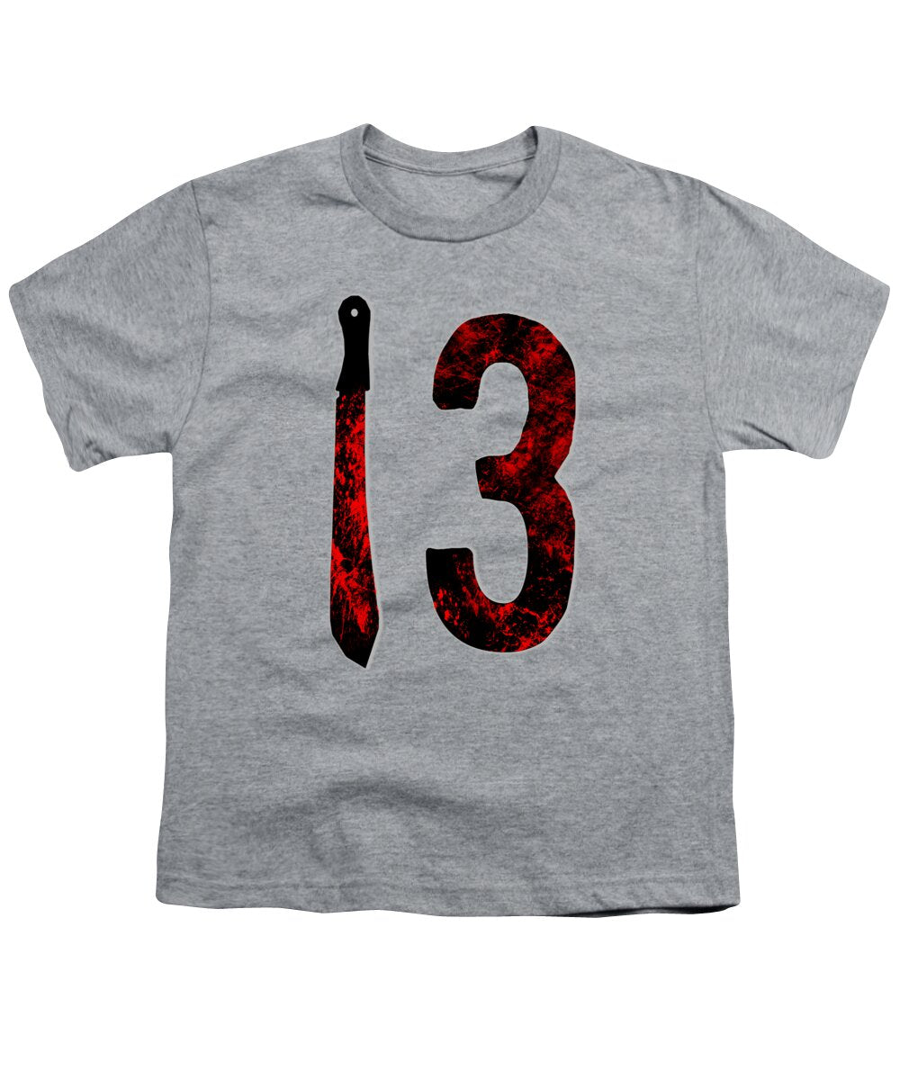Youth heather gray T-shirt with red distressed number 3 and dagger graphic on front