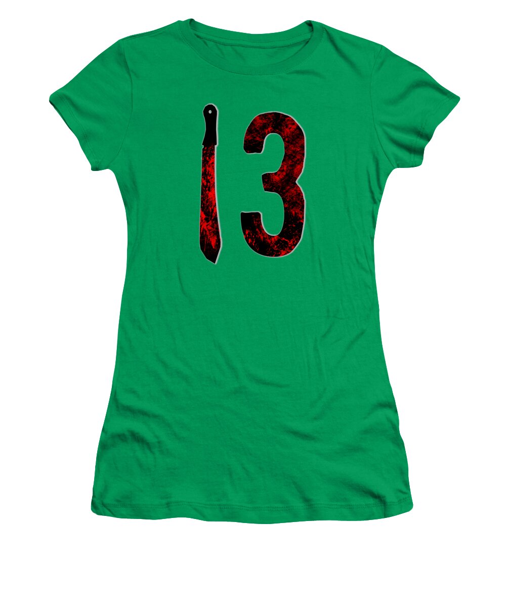 Kelly green women's graphic T-shirt with '13' candle-style print