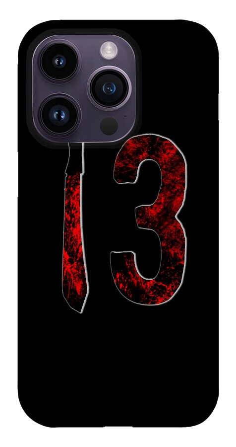Dark gray phone case with red number 3 and knife graphic.