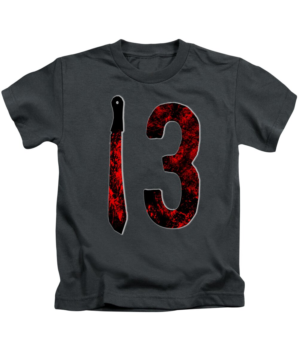 Kids charcoal gray T-shirt with front graphic letter I and number 3 in red/black