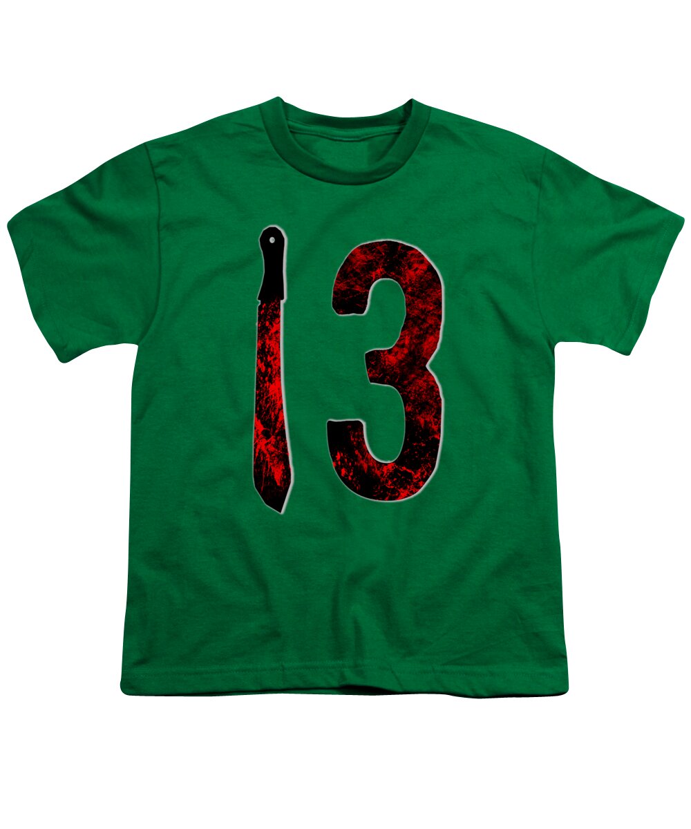 Youth green T-shirt with red distressed number 3 and dagger graphic on front