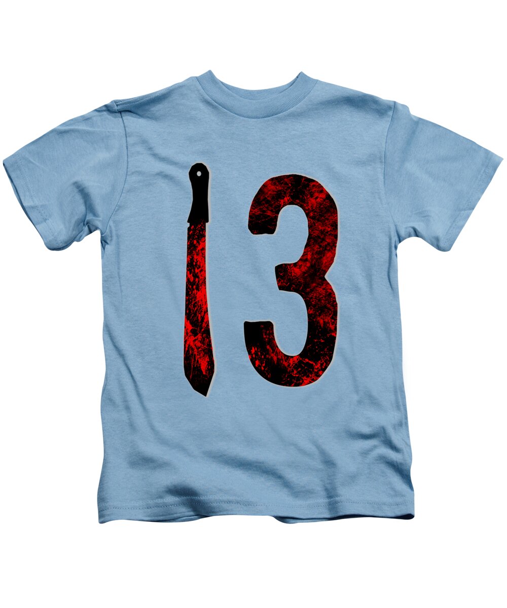 Kids light blue T-shirt with front graphic letter I and number 3 in red/black