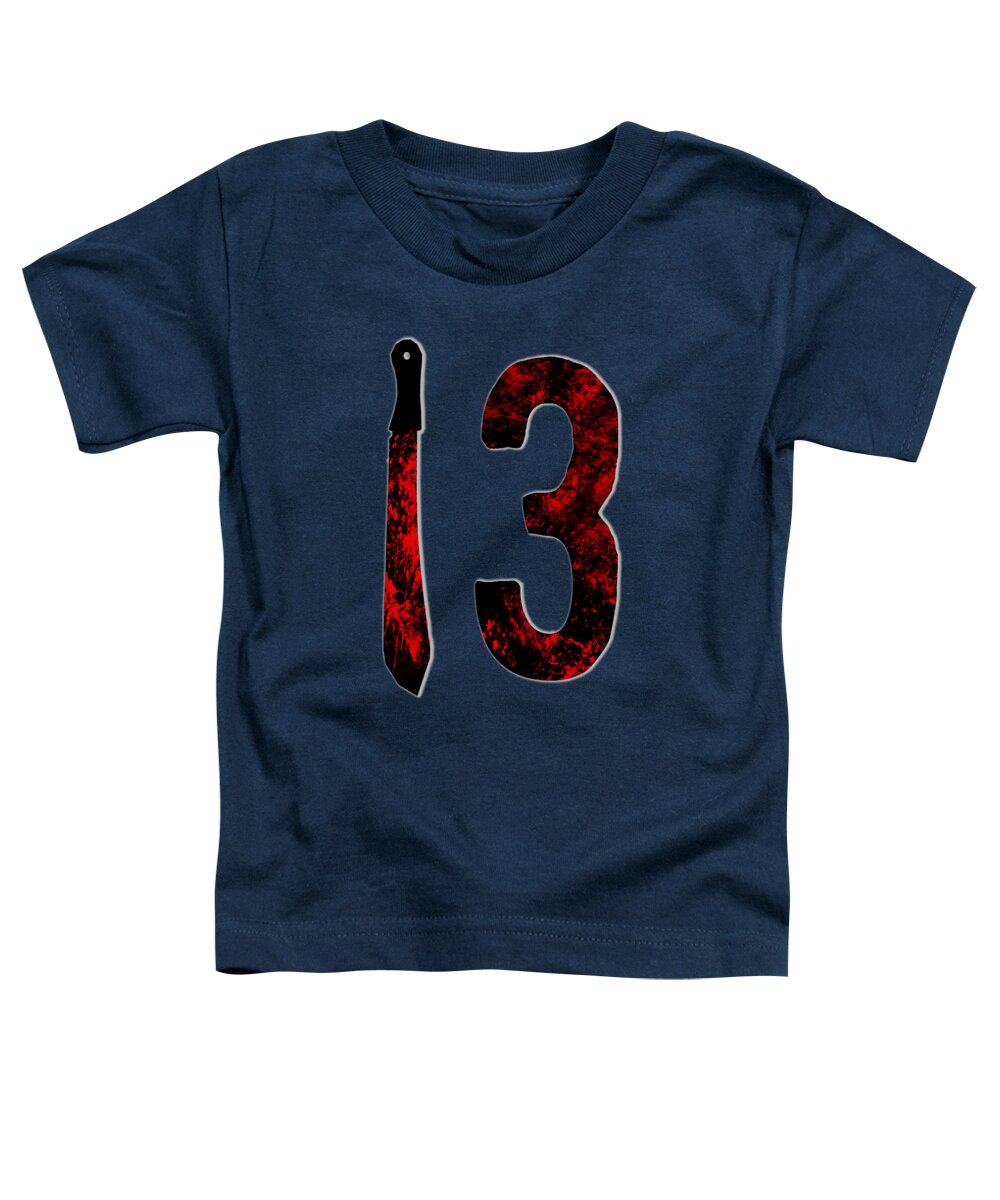 Navy toddler horror t-shirt with "13" graphic and dagger print on front