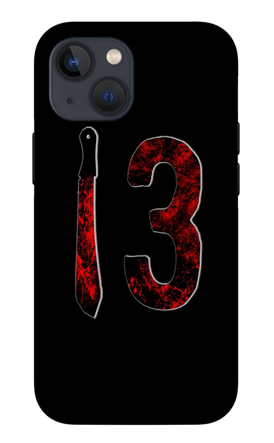 Black phone case with red speckled number 3 and dagger graphic