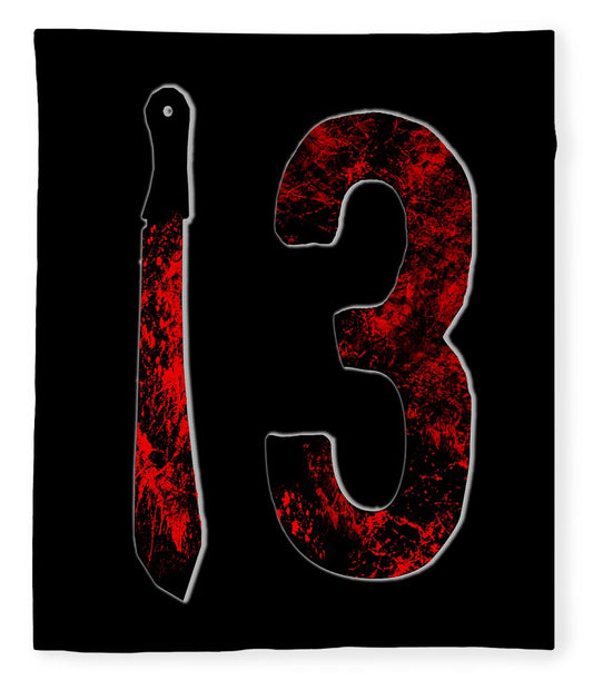 Black fleece blanket with distressed red “3” graphic and vertical dagger icon