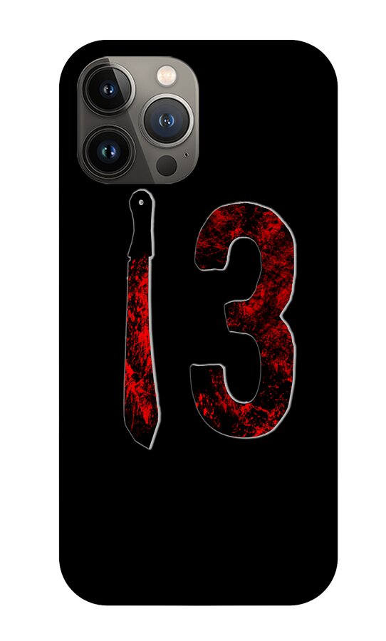 Black phone case with red speckled 3 and dagger print; camera lenses shown