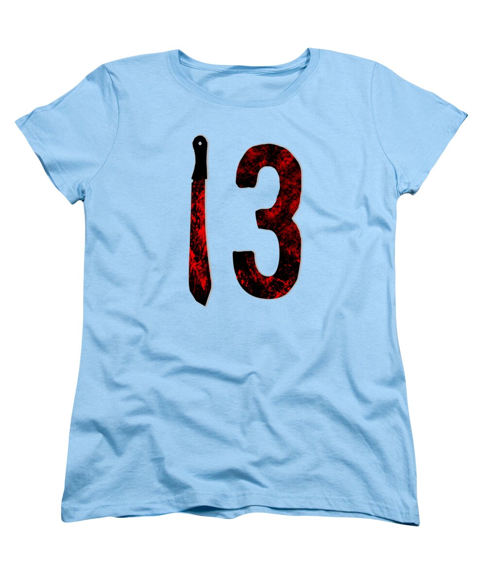Women’s light blue T-shirt with large “13” graphic featuring red splatter and black details