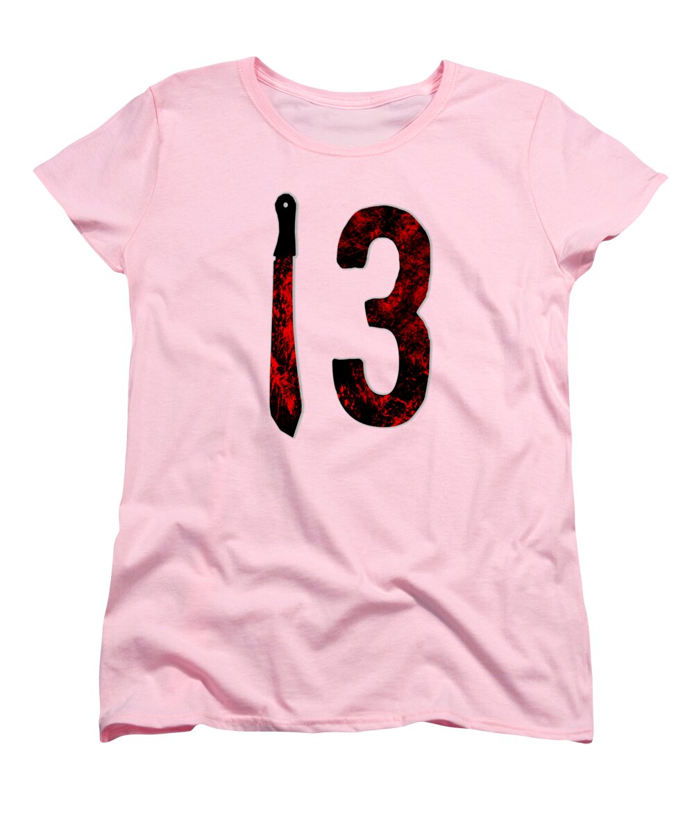 Women’s pink T-shirt with large “13” graphic featuring red splatter and black details
