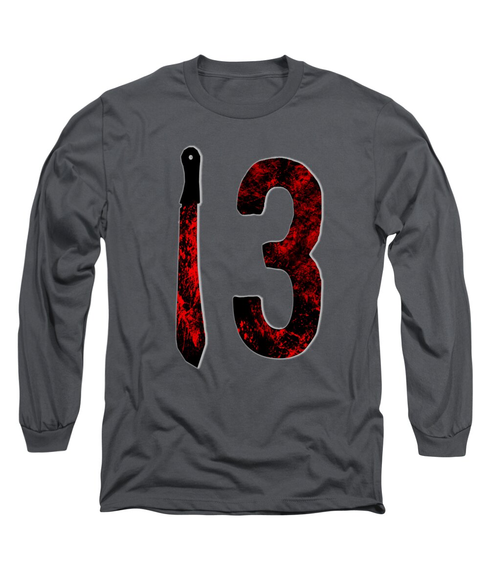 Charcoal long sleeve T-shirt with red-and-black "13" and dagger graphic.