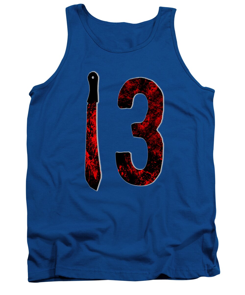 Royal blue tank top with sleeveless crew neck and red/black "13" graphic print