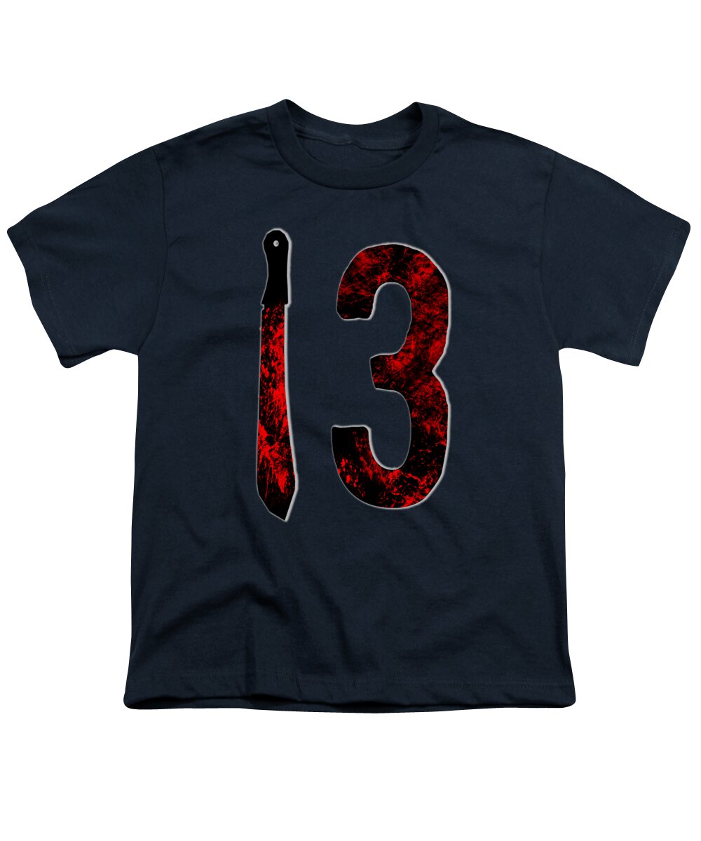 Navy youth horror T-shirt with large red and black “13” graphic.