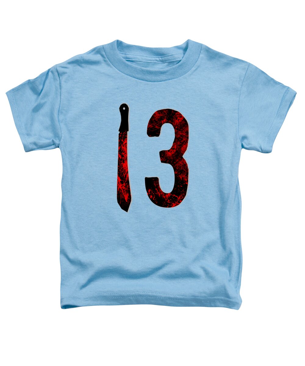 Light blue toddler horror t-shirt with "13" graphic and dagger print on front