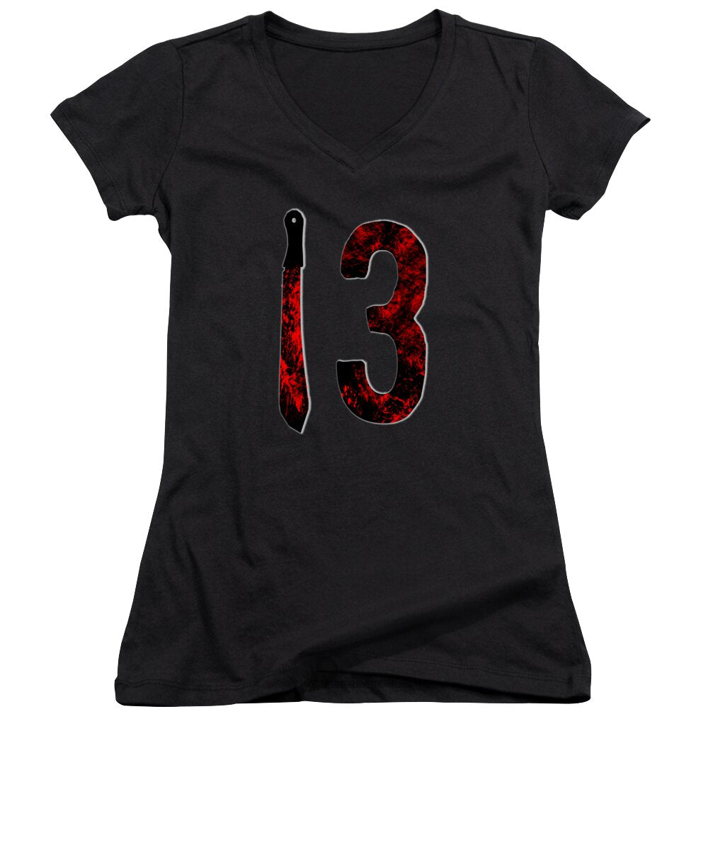 Women's V-neck T-shirt in black with red-and-black '13' graphic