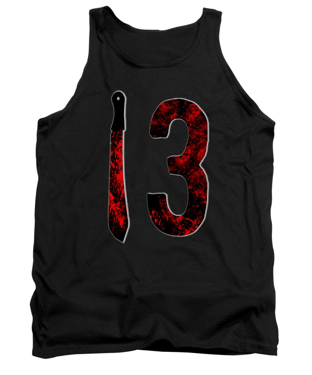 Black tank top with sleeveless crew neck and red/black "13" graphic print