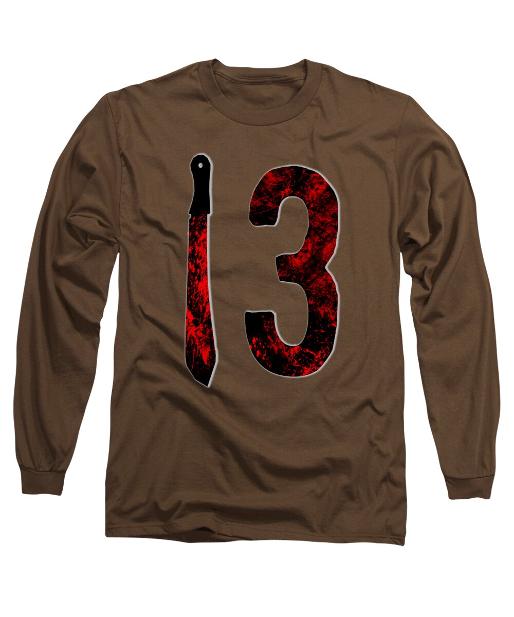 Coffee brown long sleeve T-shirt with red-and-black "13" and dagger graphic.