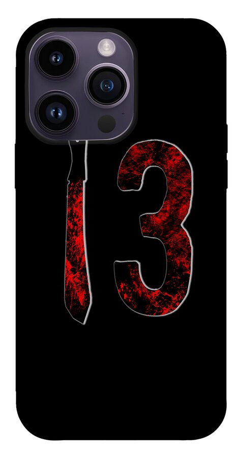 Dark gray phone case showing red number 3 and knife design on back.