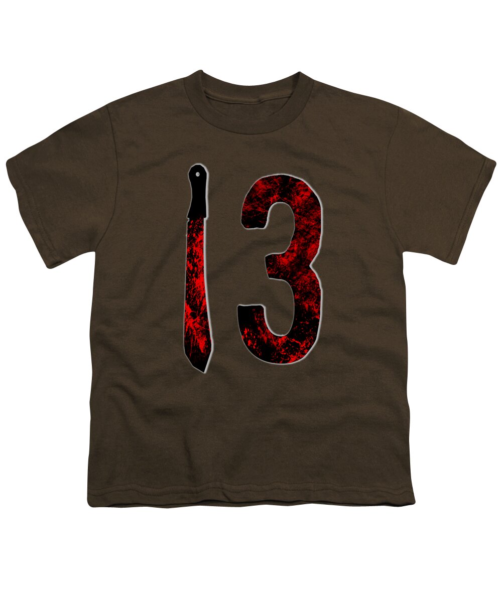 Youth brown T-shirt with red distressed number 3 and dagger graphic on front