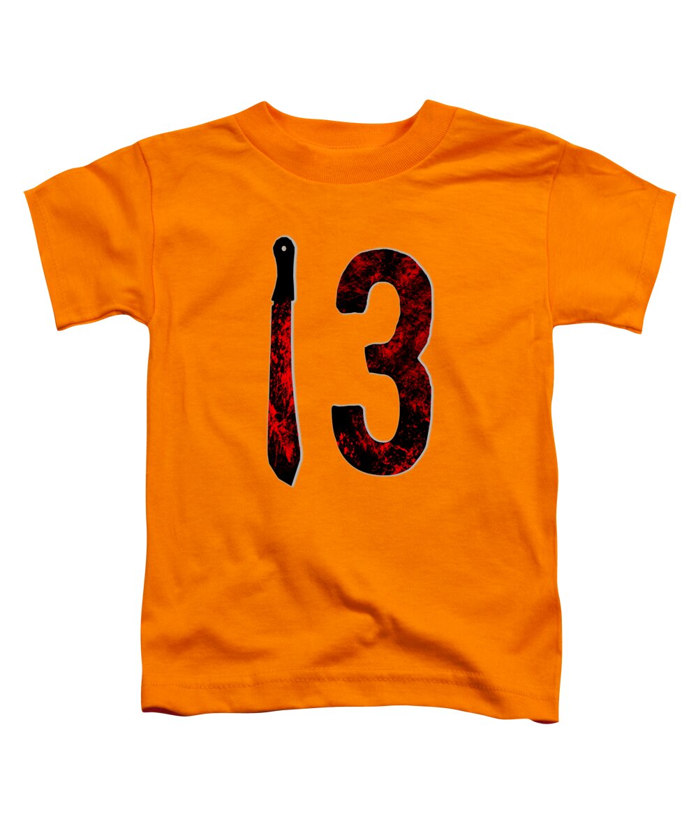 Orange toddler horror t-shirt with "13" graphic and dagger print on front