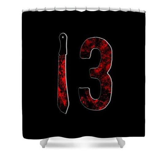 Black shower curtain with red distressed number 3 and knife graphic