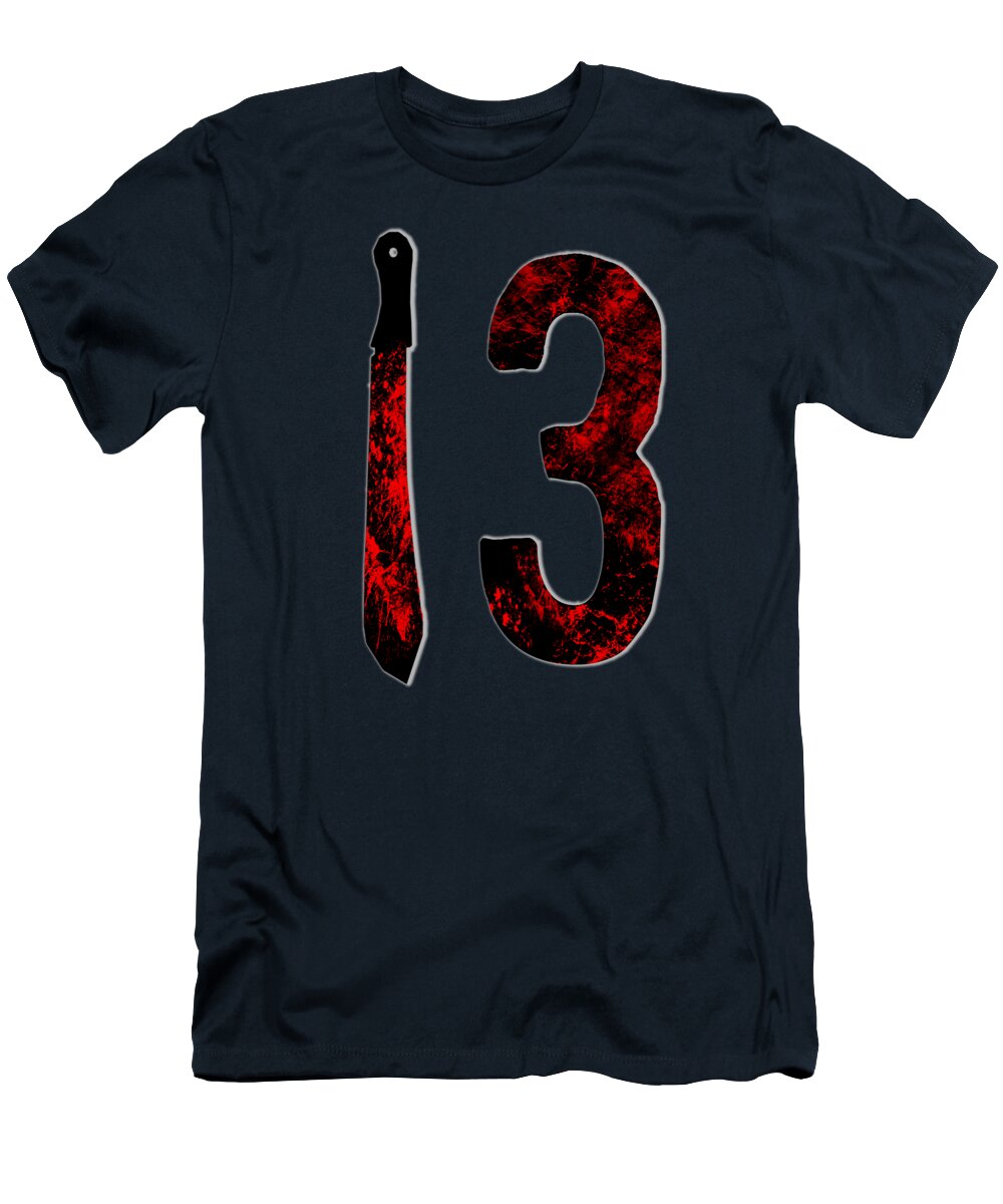 Navy T-shirt with distressed red number 3 graphic and vertical dagger shape