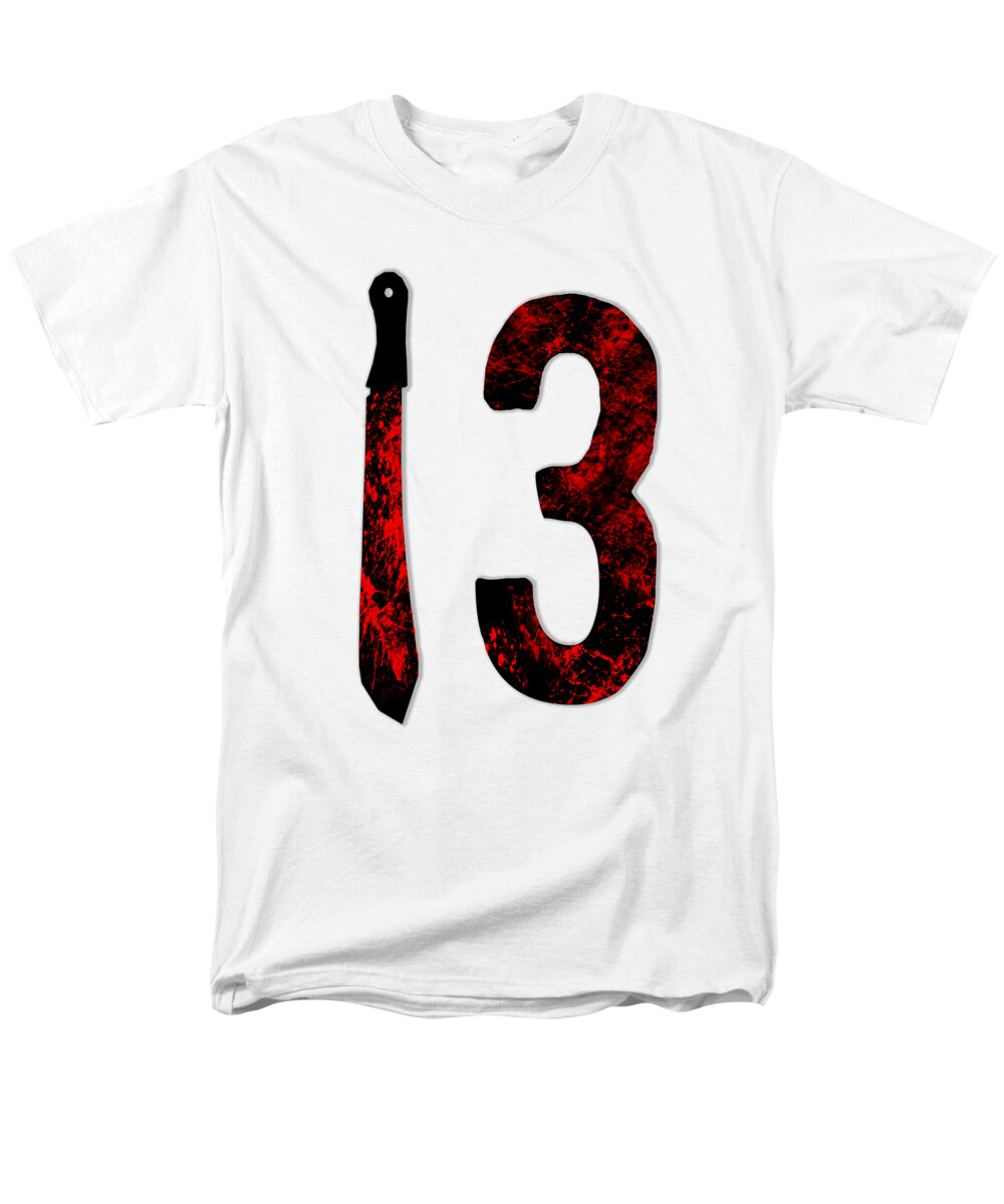 Men's graphic t-shirt, white, black dagger and red speckled number 3 print