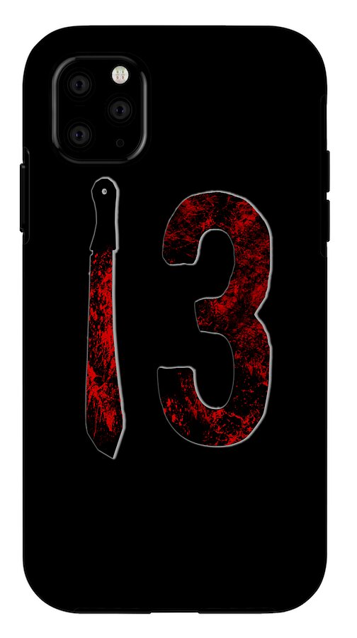 Black phone case with red distressed number 3 and knife graphic; camera lenses shown