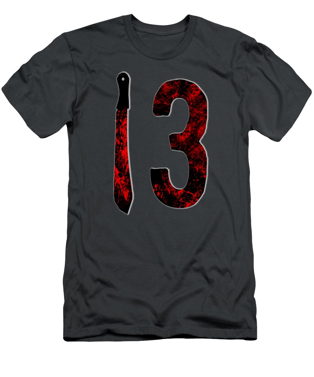 Dark gray T-shirt with distressed red number 3 graphic and vertical dagger shape