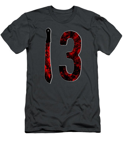 Dark gray T-shirt with distressed red number 3 graphic and vertical dagger shape