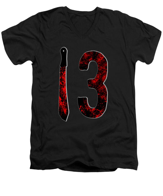 Men's V-neck t-shirt, black with large '13' graphic in red and black