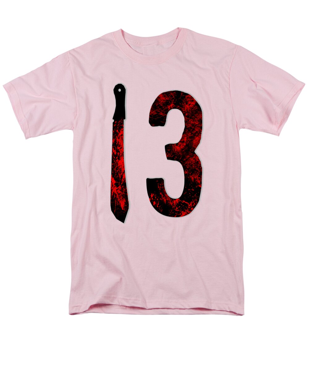 Men's graphic t-shirt, light pink, black dagger and red speckled number 3 print