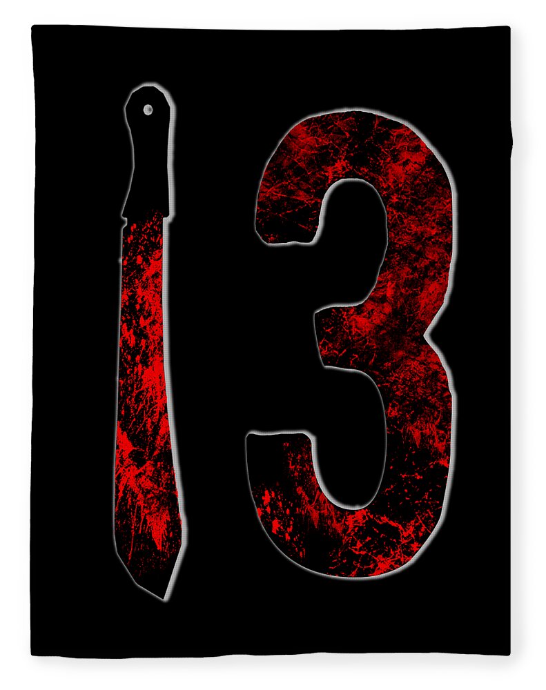 Black fleece blanket with distressed red “3” graphic and hanging dagger icon