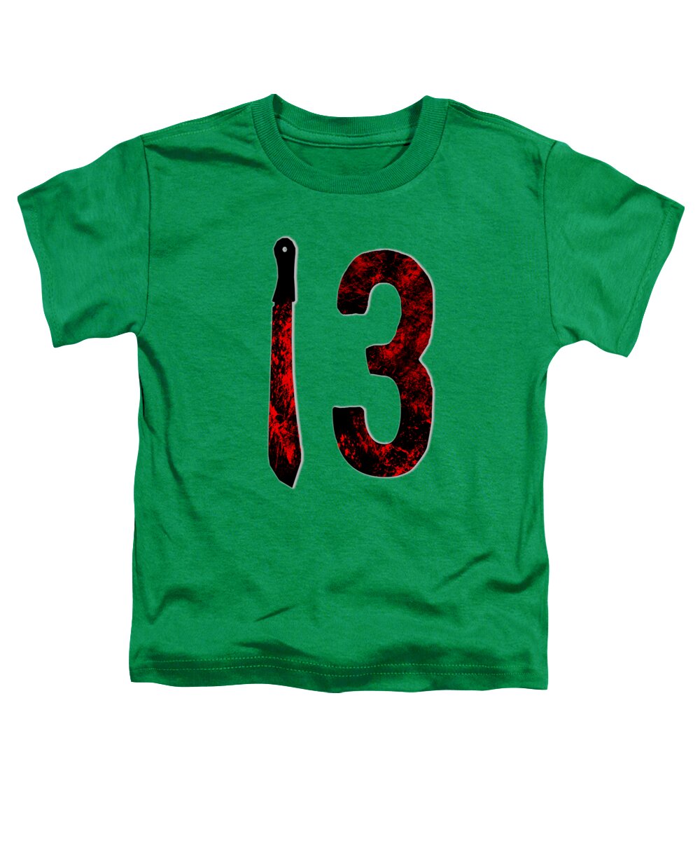Green toddler horror t-shirt with "13" graphic and dagger print on front