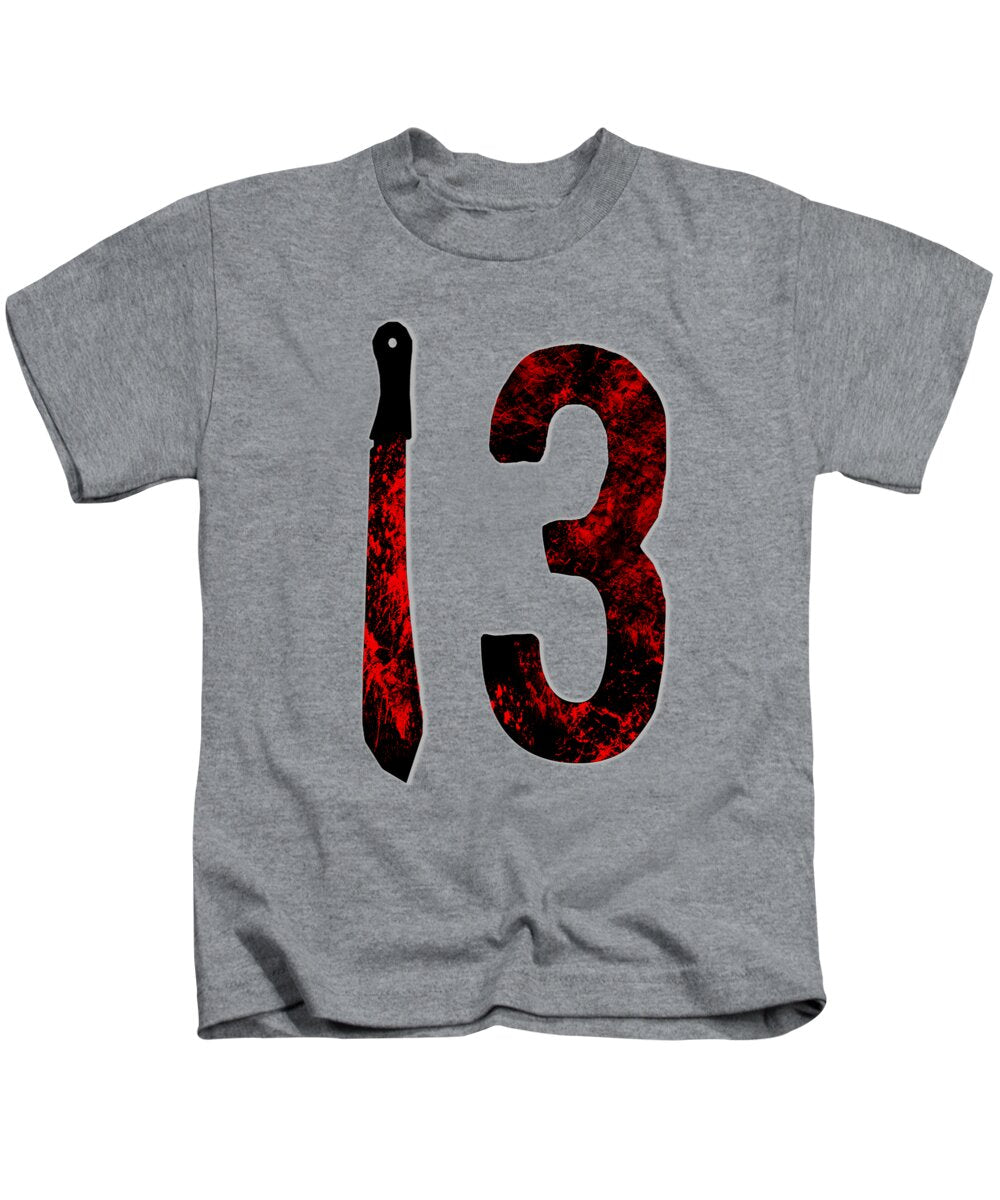 Kids heather gray T-shirt with front graphic letter I and number 3 in red/black
