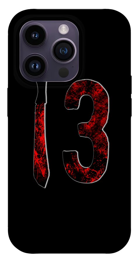 Dark gray phone case rear camera cutouts, red number 3 and knife artwork.