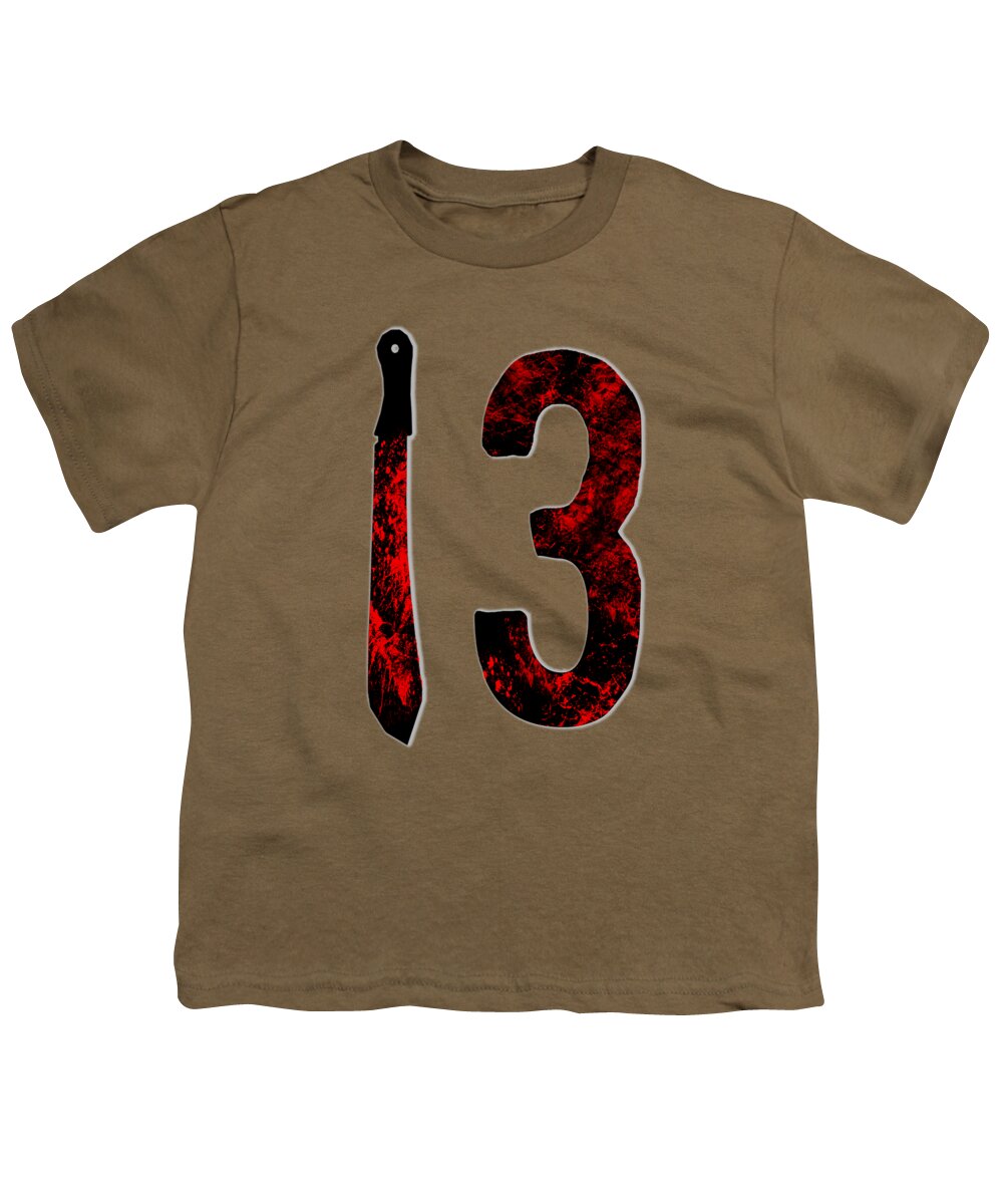 Olive brown youth horror T-shirt with large red and black “13” graphic.