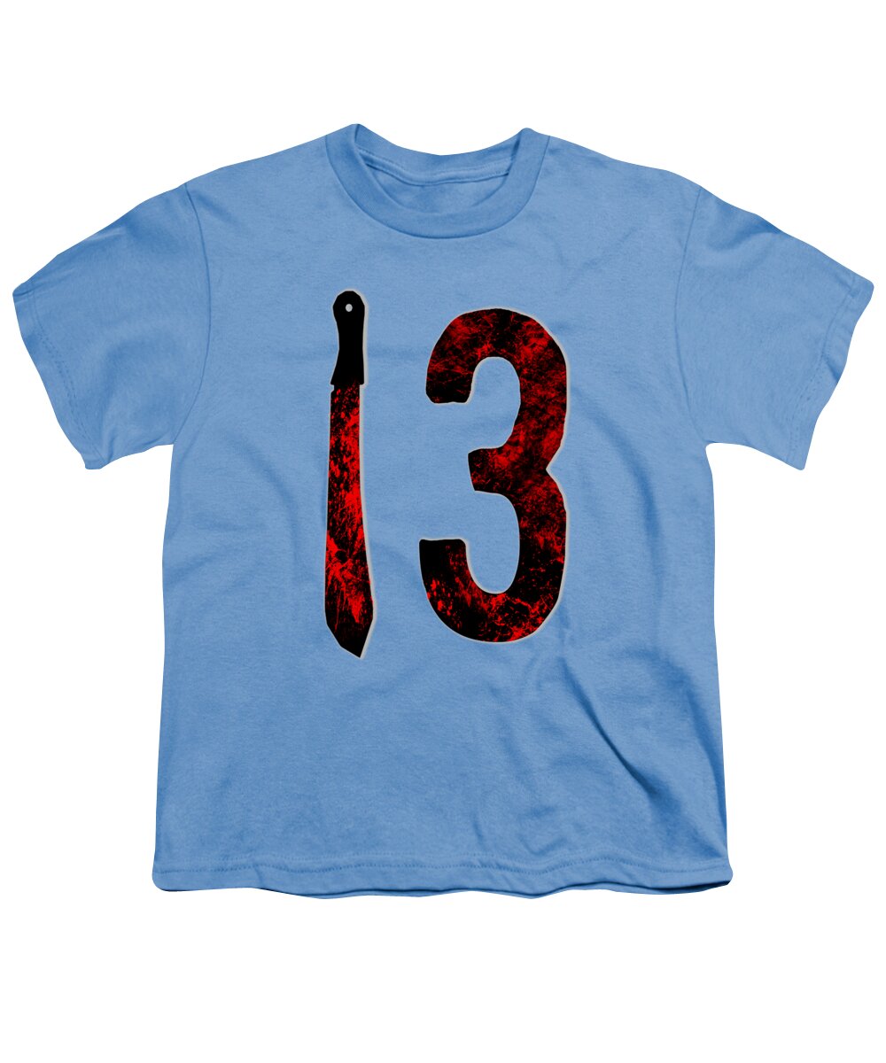 Youth light blue T-shirt with red distressed number 3 and dagger graphic on front