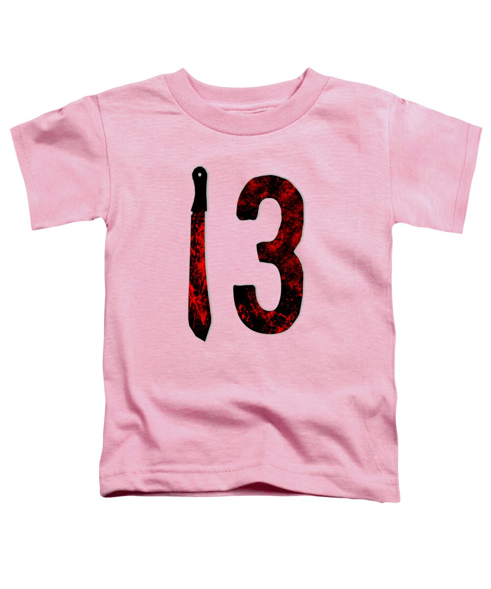 Pink toddler horror t-shirt with "13" graphic and dagger print on front