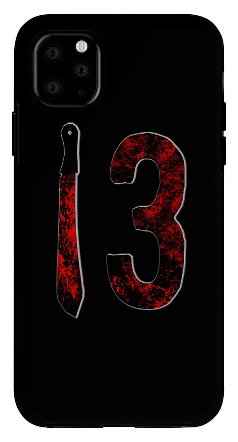 Black phone case with red distressed number 3 and knife graphic; camera lens area shown