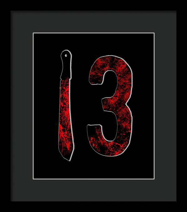 Framed print with black frame: red distressed '13' and dagger on black background.