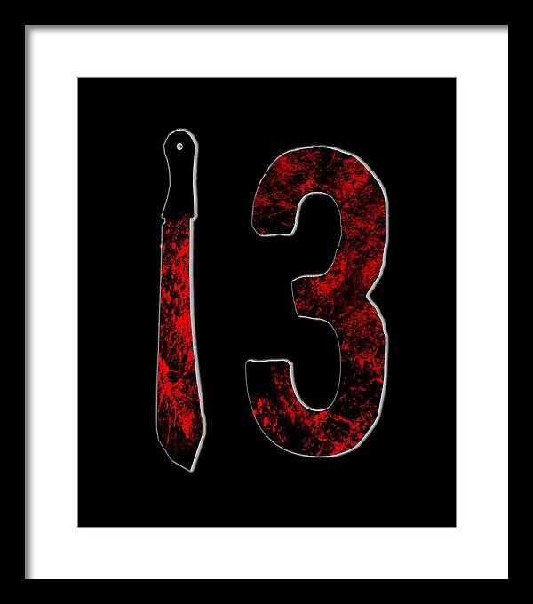 Framed print with white frame: red distressed '13' and dagger on black background.