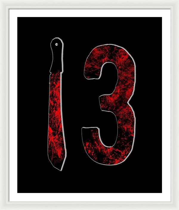 Framed print: red number 3 and knife on black background, white frame