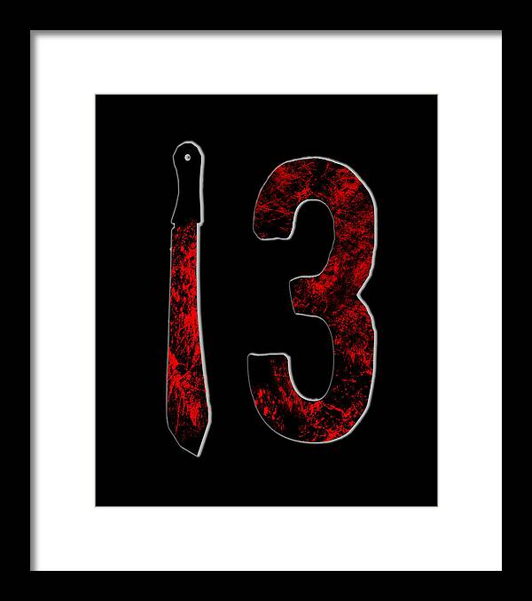 Framed print: red number 3 and knife on black background, white border frame