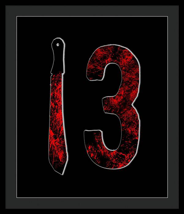 Framed horror print with red distressed number 3 and dagger on dark background, black frame, black mat