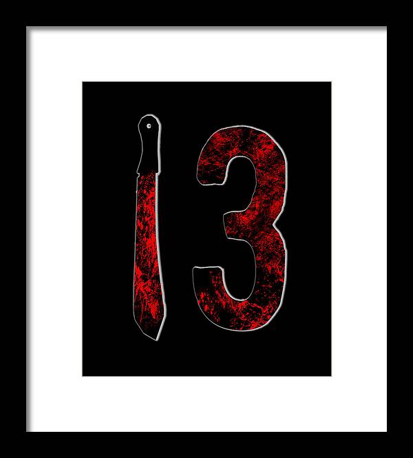Framed print: red number 3 and knife on black, black outer frame