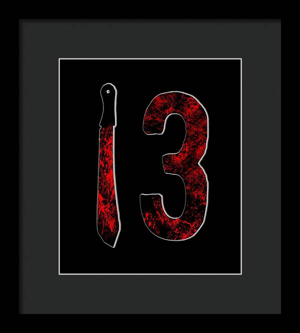 Framed print: red number 3 and knife on black, dark frame and white mat border