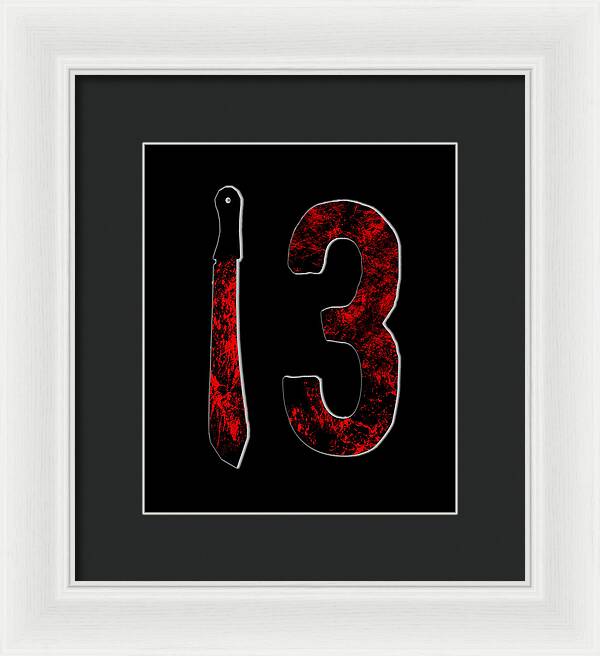 Framed print: red number 3 and knife on black, dark mat inside white frame