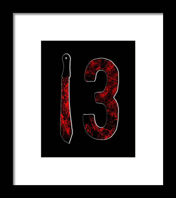 Framed print: red number 3 and knife on black, with black frame